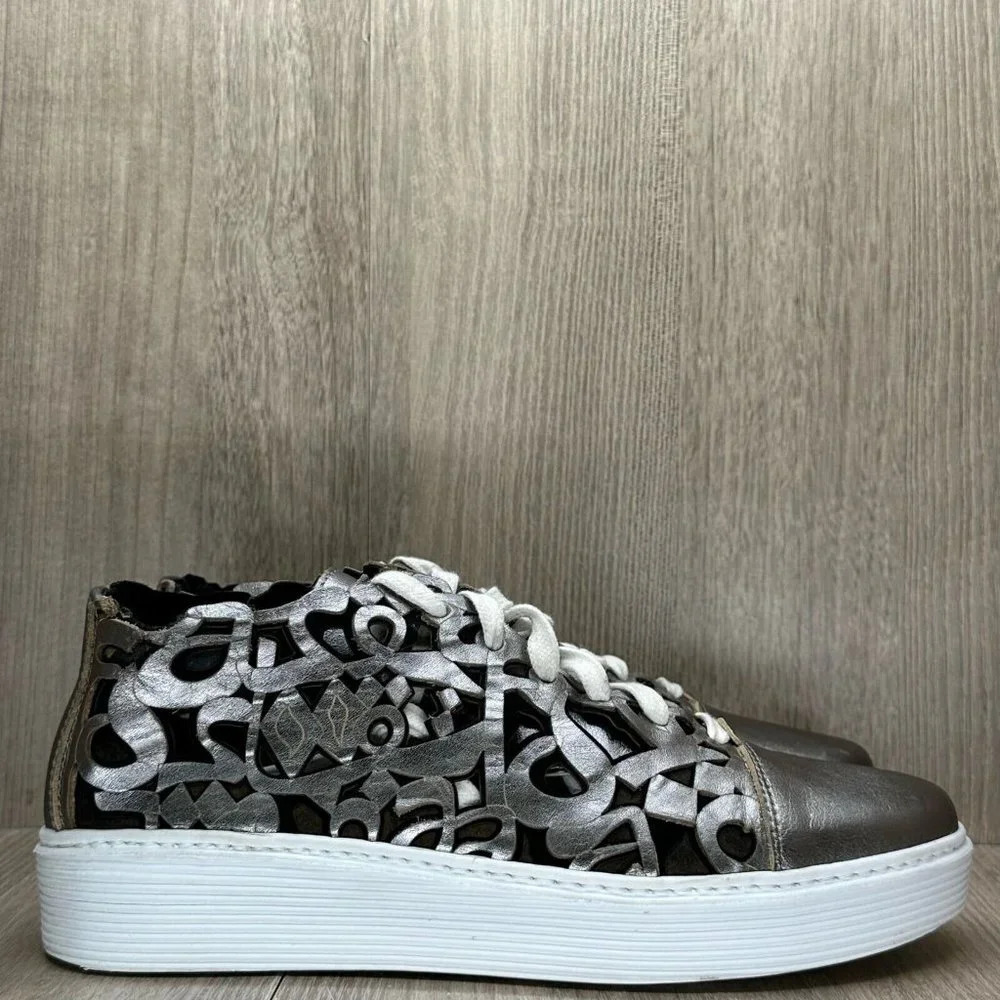 AREA FORTE Shoes Women Sz 39 US 9 Laser-Cut Sneakers Leather Pewter Silver Italy - Picture 3 of 13